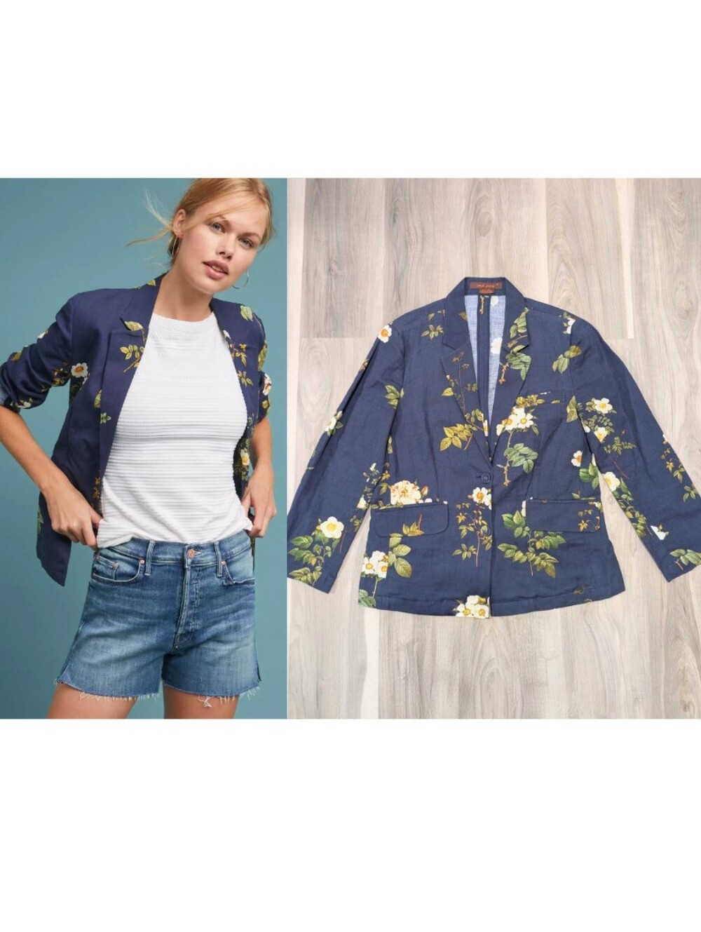 Anthropologie Payal Pratap | Linen Cotton Botanical Rose Blazer In Navy Blue